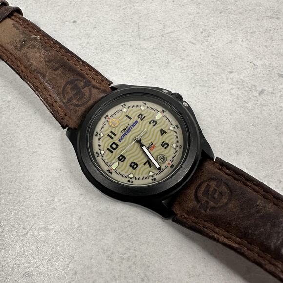 Timex Expedition Watch Mens 41mm Brown Leather Band Date Indiglo New Battery - Picture 1 of 12